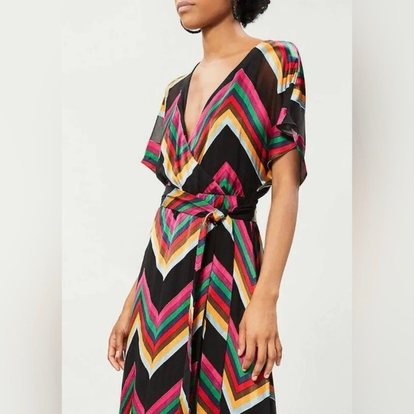 ALICE + OLIVIA Midi Dress Womens 2 Black Rainbow Multi Chevron Burnout Tie Waist - Picture 3 of 16